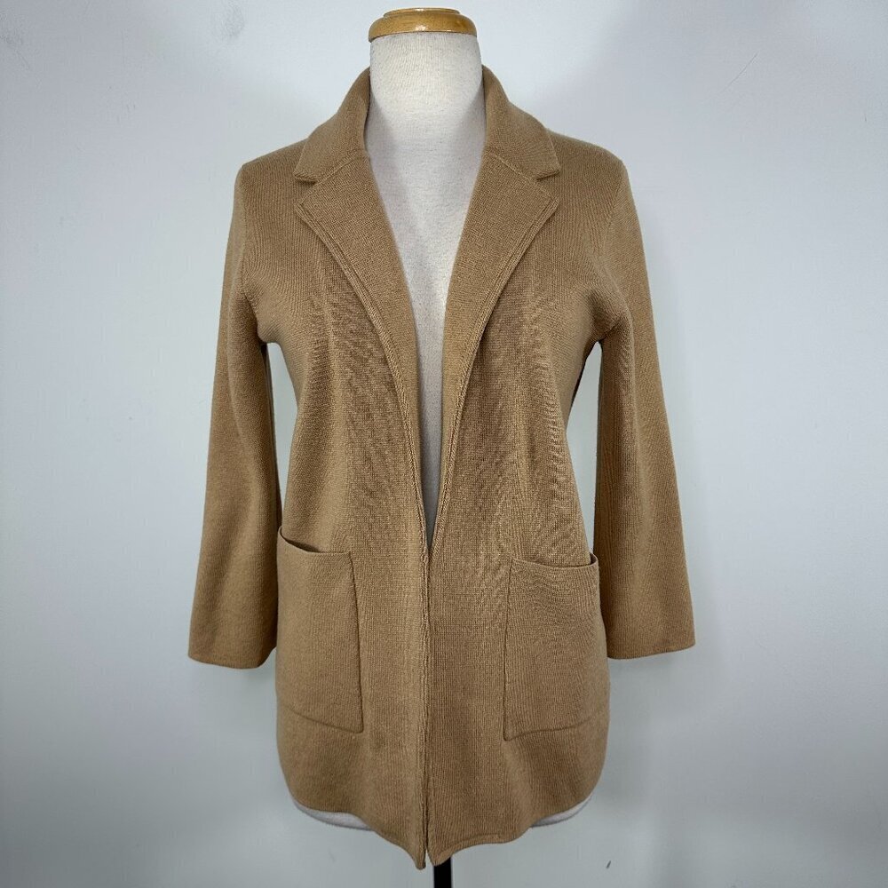 J. Crew Sophie Open Front Sweater Blazer Knit Wool Blend Pockets Tan Small XS